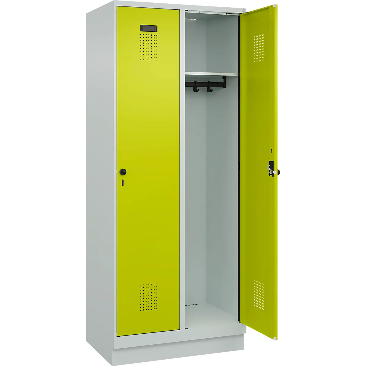 Vestiaire C+P Evolo Plus, 2 compartiments, largeur des compartiments 400 mm, avec socle, charnières à droite, L 800 x P 500 x H 1950 mm, verrou tournant, gris clair/vert clown