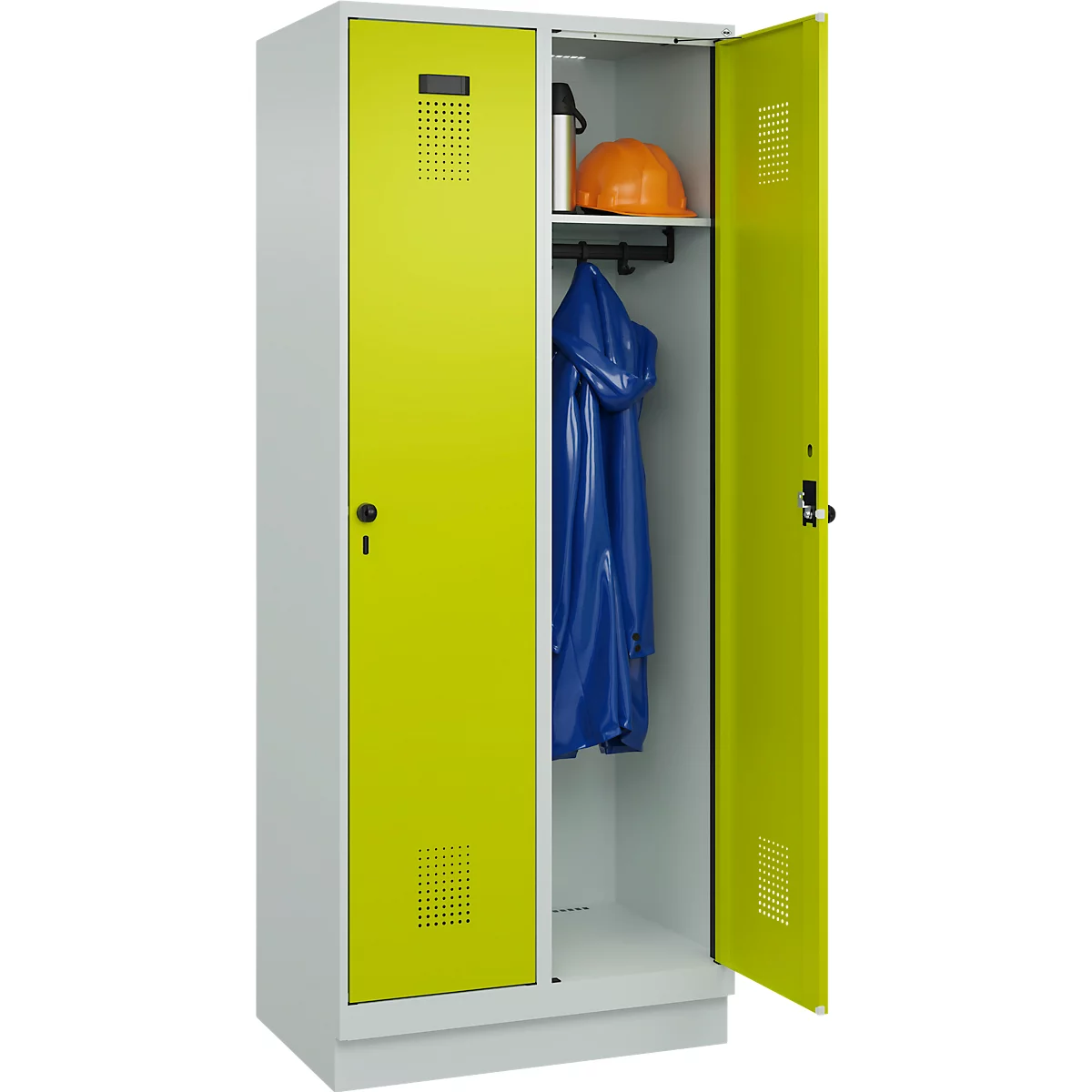 Vestiaire C+P Evolo Plus, 2 compartiments, largeur des compartiments 400 mm, avec socle, charnières à droite, L 800 x P 500 x H 1950 mm, verrou tournant, gris clair/vert clown
