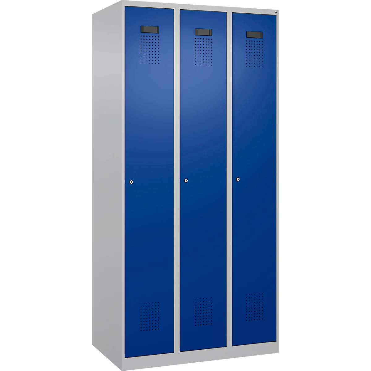 Vestiaire C+P Evolo Plus, 3 compartiments, charnières à droite, serrure à cylindre, L 900 x P 500 x H 1850 mm, aluminium blanc/bleu gentiane