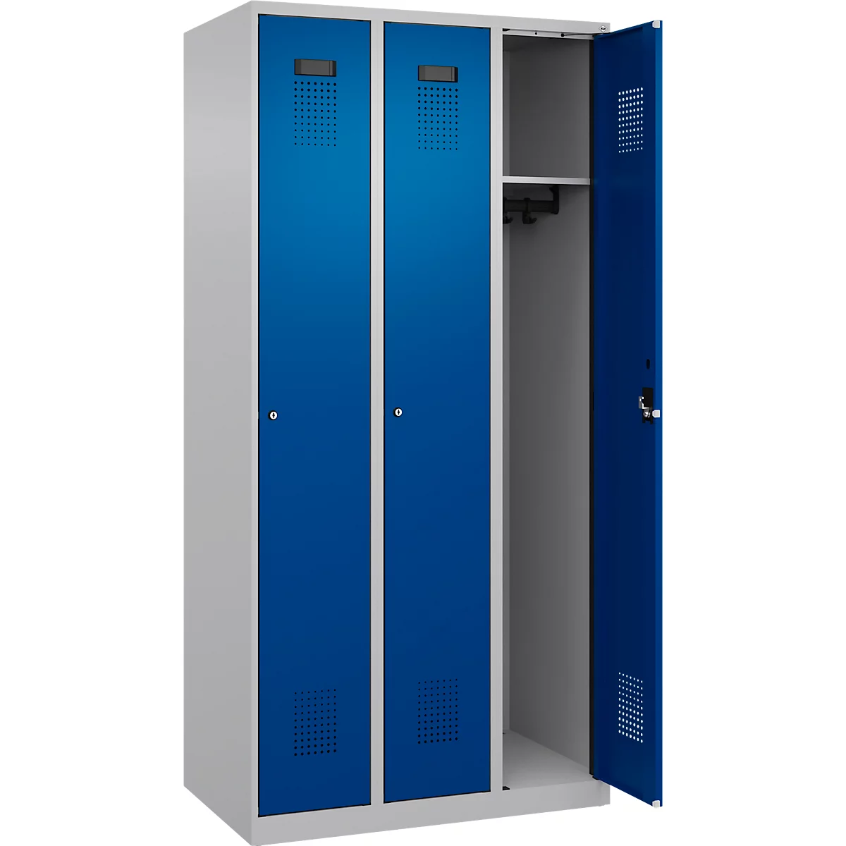 Vestiaire C+P Evolo Plus, 3 compartiments, charnières à droite, serrure à cylindre, L 900 x P 500 x H 1850 mm, aluminium blanc/bleu gentiane