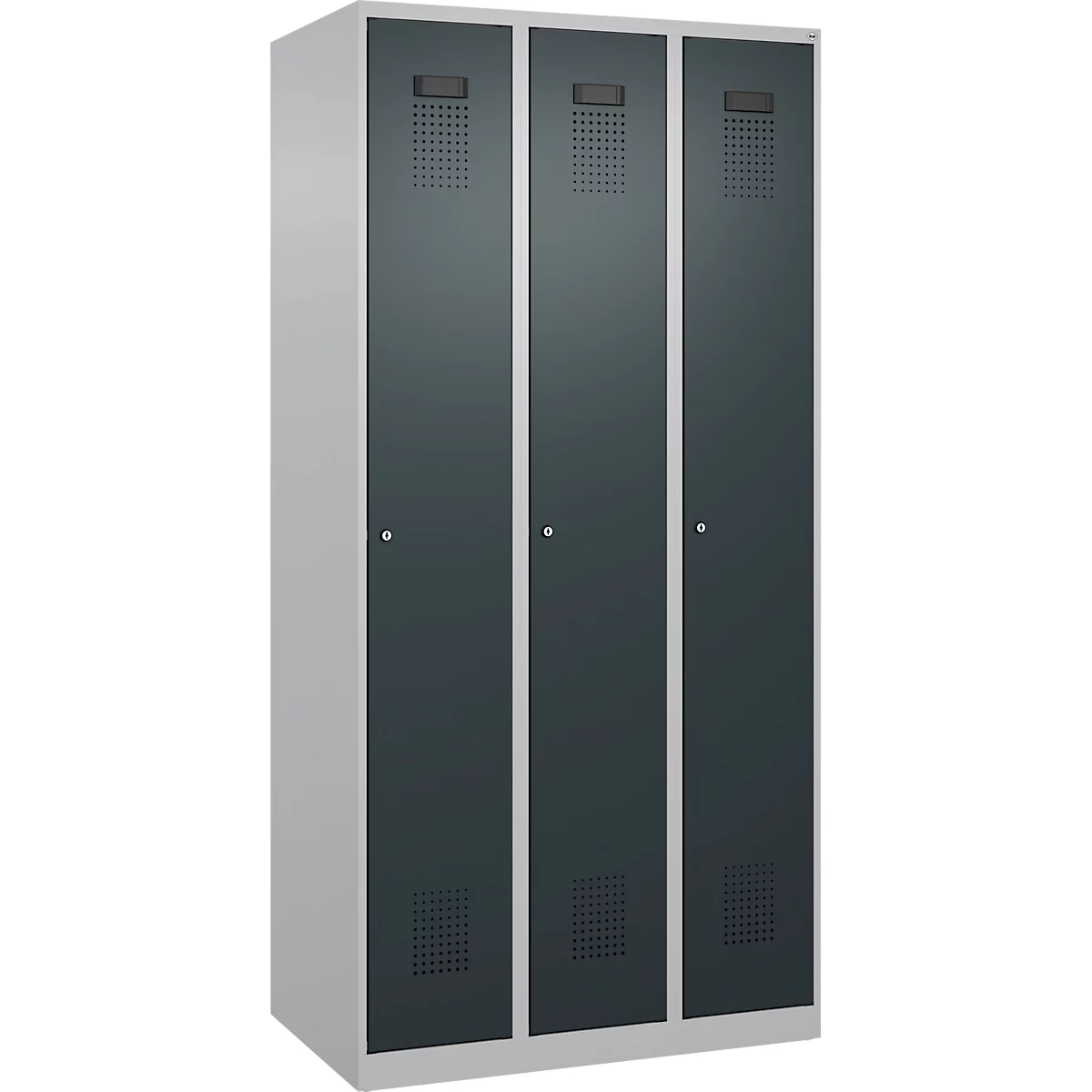Vestiaire C+P Evolo Plus, 3 compartiments, charnières à droite, serrure à cylindre, L 900 x P 500 x H 1850 mm, aluminium blanc/gris anthracite