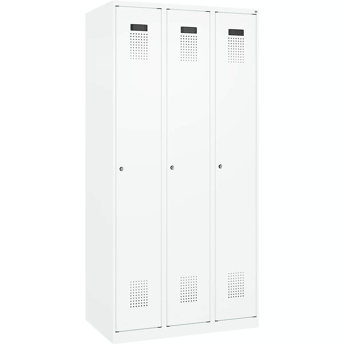 Vestiaire C+P Evolo Plus, 3 compartiments, charnières à droite, serrure à cylindre, L 900 x P 500 x H 1850 mm, blanc signalisation/blanc trafic