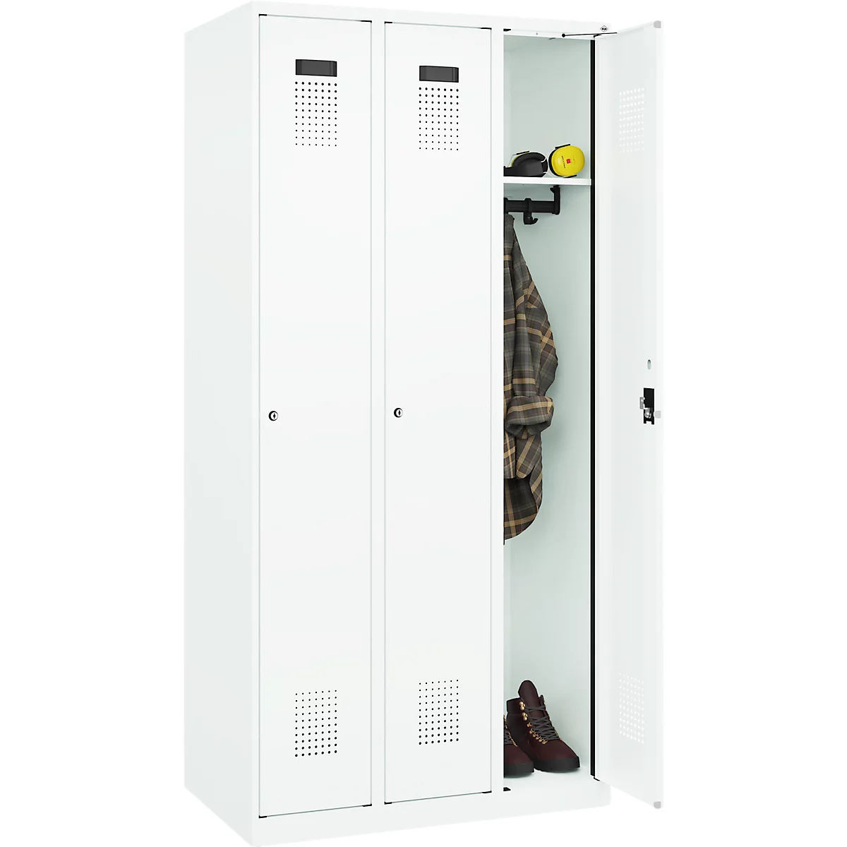 Vestiaire C+P Evolo Plus, 3 compartiments, charnières à droite, serrure à cylindre, L 900 x P 500 x H 1850 mm, blanc signalisation/blanc trafic