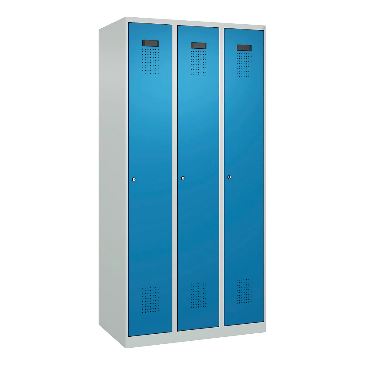 Vestiaire C+P Evolo Plus, 3 compartiments, charnières à droite, serrure à cylindre, L 900 x P 500 x H 1850 mm, gris clair/bleu clair
