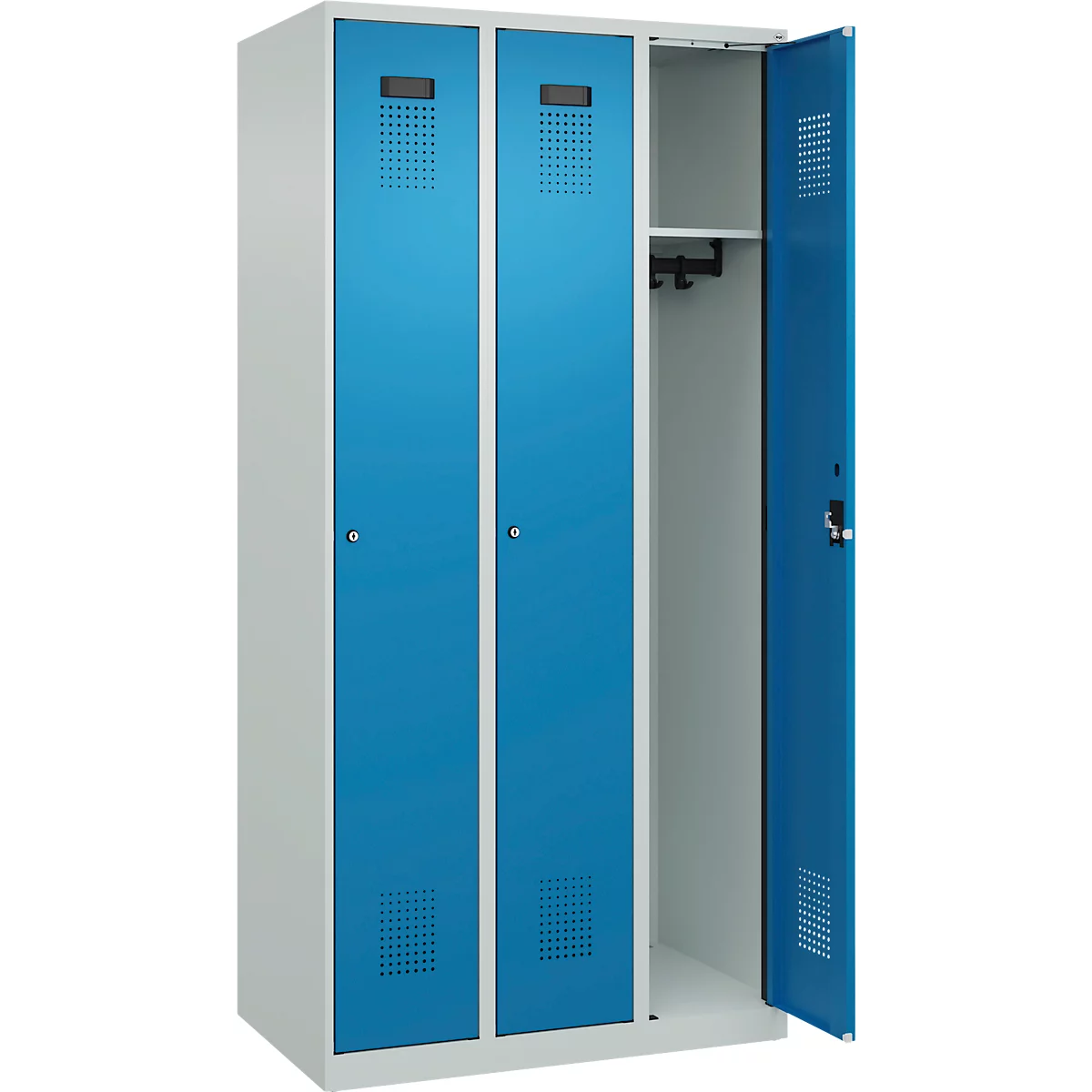 Vestiaire C+P Evolo Plus, 3 compartiments, charnières à droite, serrure à cylindre, L 900 x P 500 x H 1850 mm, gris clair/bleu clair