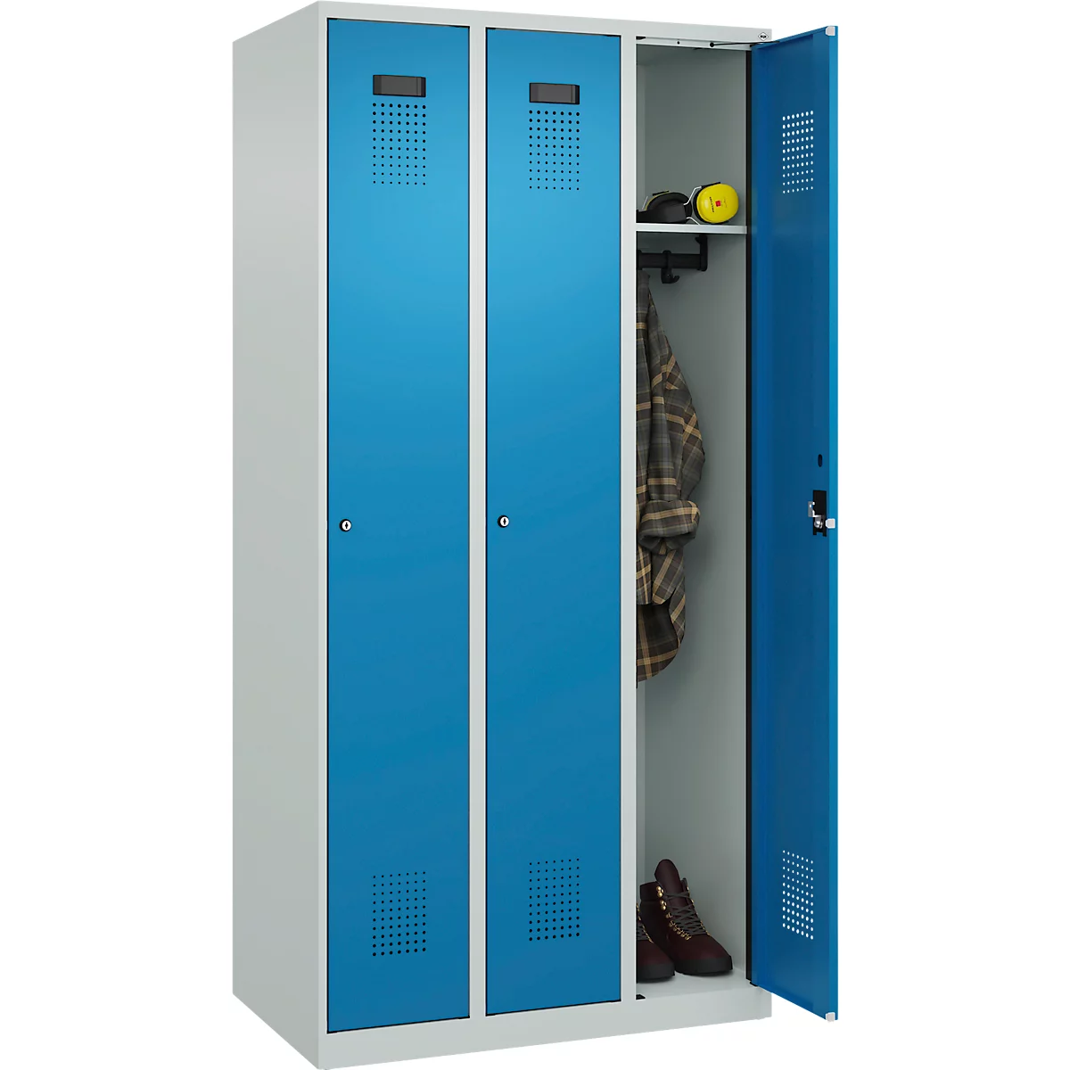 Vestiaire C+P Evolo Plus, 3 compartiments, charnières à droite, serrure à cylindre, L 900 x P 500 x H 1850 mm, gris clair/bleu clair