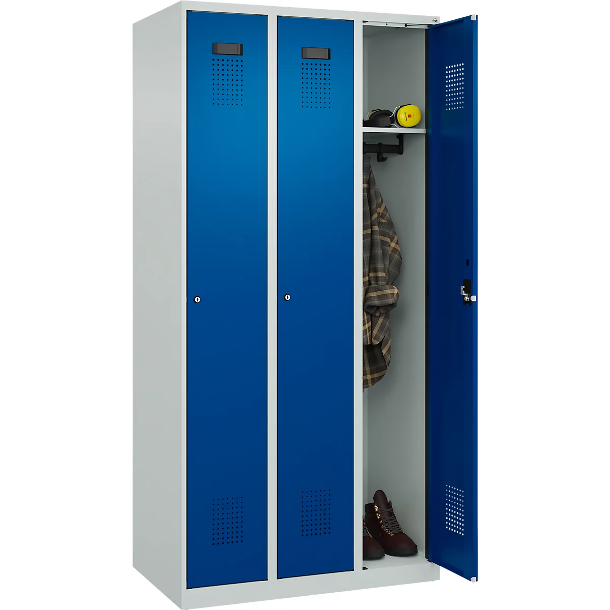 Vestiaire C+P Evolo Plus, 3 compartiments, charnières à droite, serrure à cylindre, L 900 x P 500 x H 1850 mm, gris clair/bleu gentiane
