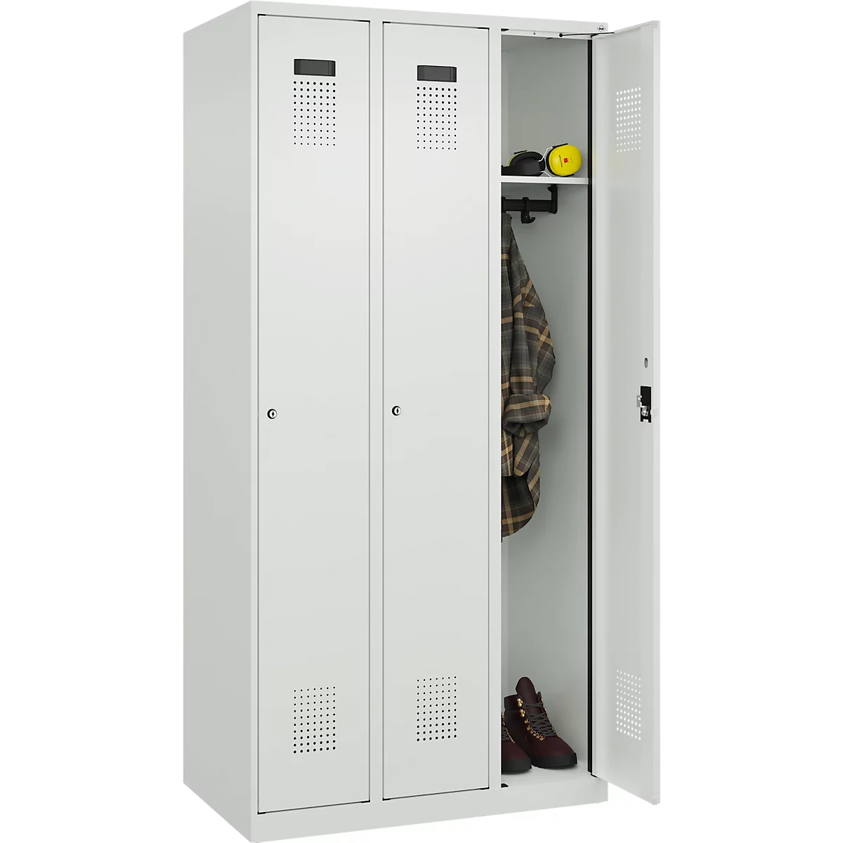 Vestiaire C+P Evolo Plus, 3 compartiments, charnières à droite, serrure à cylindre, L 900 x P 500 x H 1850 mm, gris clair/gris clair