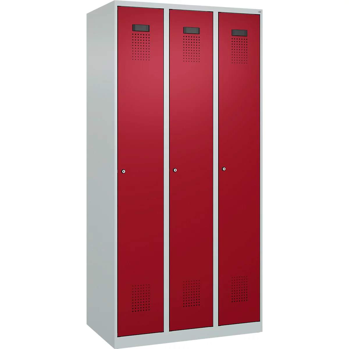 Vestiaire C+P Evolo Plus, 3 compartiments, charnières à droite, serrure à cylindre, L 900 x P 500 x H 1850 mm, gris clair/rouge rubis