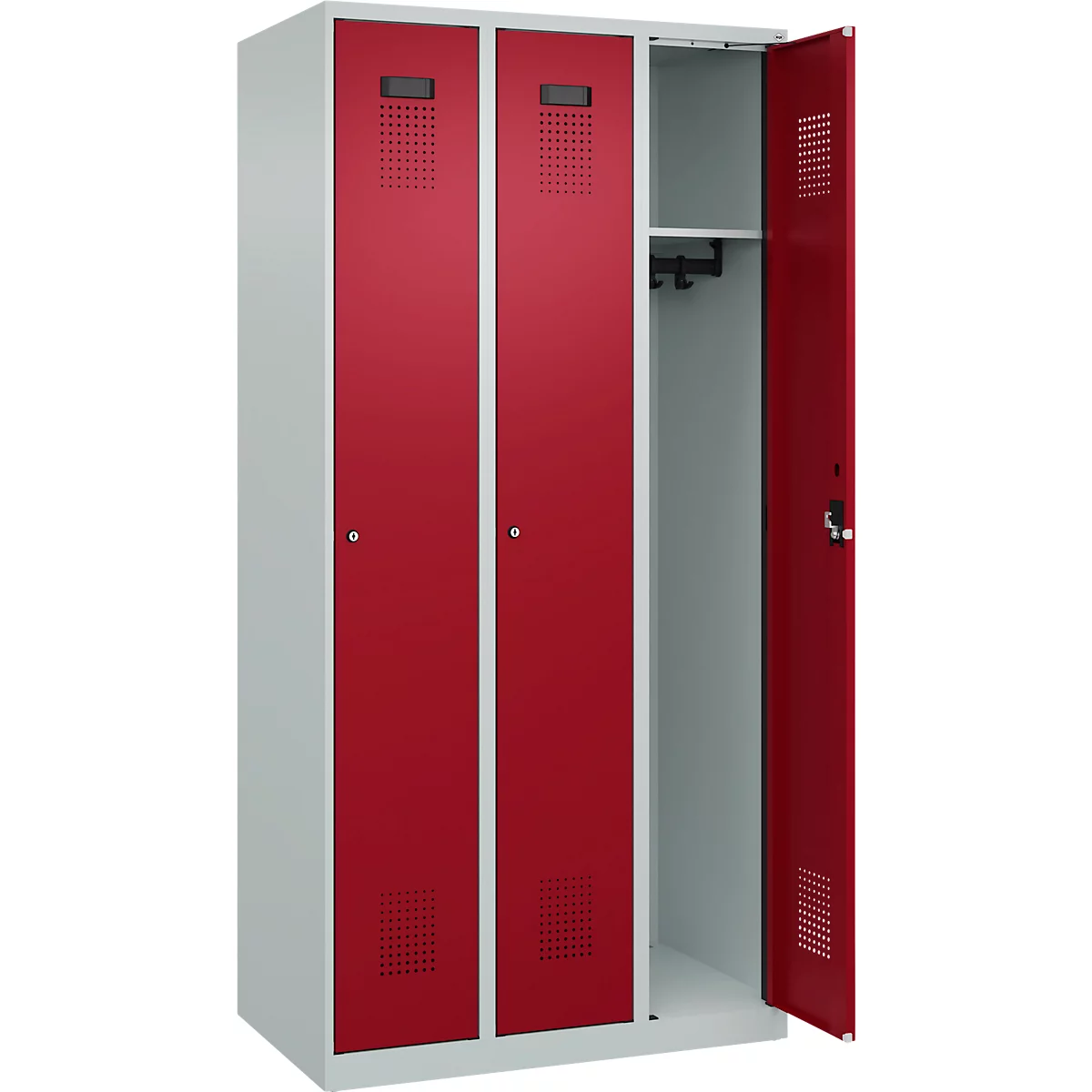 Vestiaire C+P Evolo Plus, 3 compartiments, charnières à droite, serrure à cylindre, L 900 x P 500 x H 1850 mm, gris clair/rouge rubis