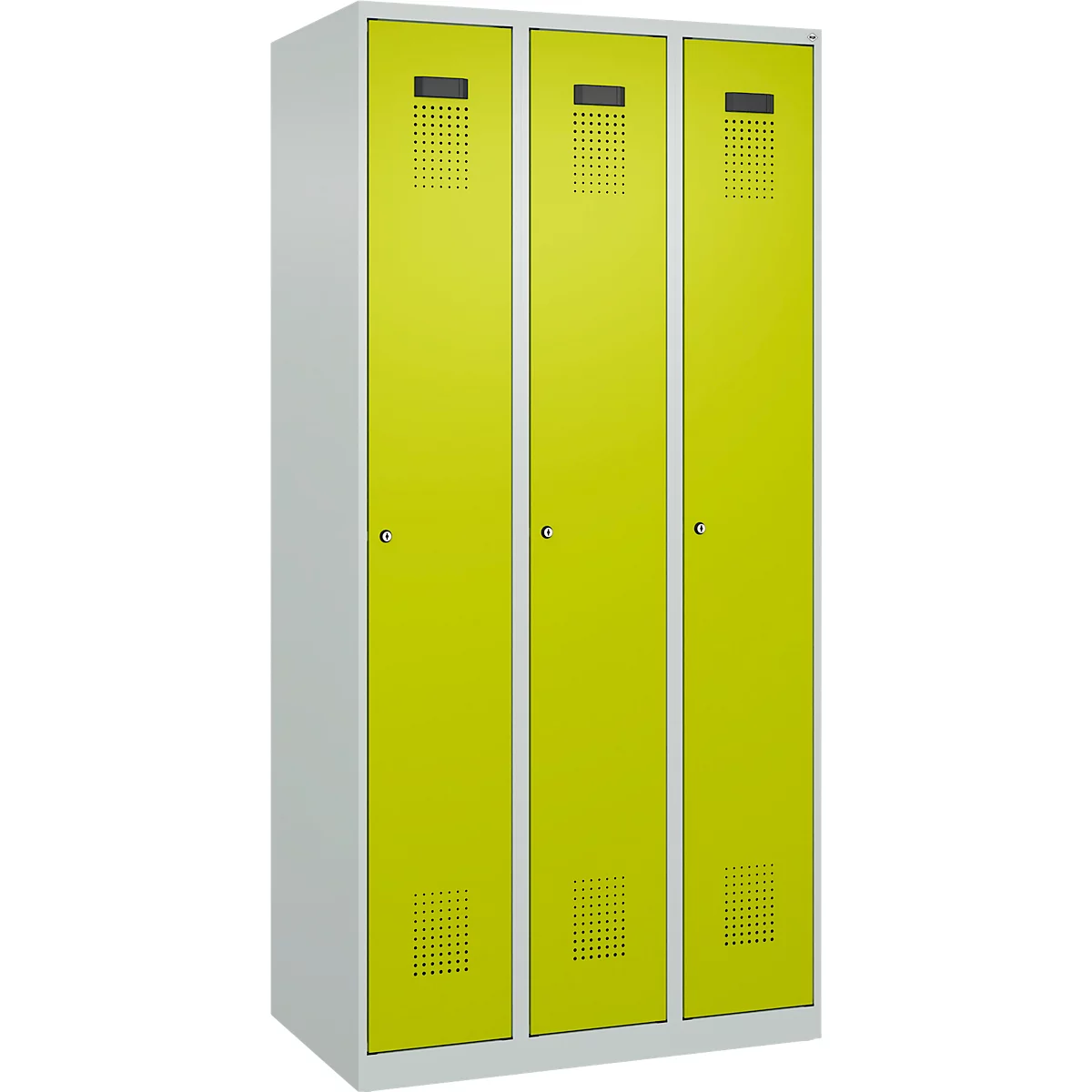 Vestiaire C+P Evolo Plus, 3 compartiments, charnières à droite, serrure à cylindre, L 900 x P 500 x H 1850 mm, gris clair/vert clown