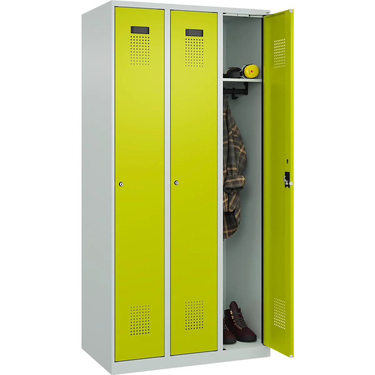 Vestiaire C+P Evolo Plus, 3 compartiments, charnières à droite, serrure à cylindre, L 900 x P 500 x H 1850 mm, gris clair/vert clown
