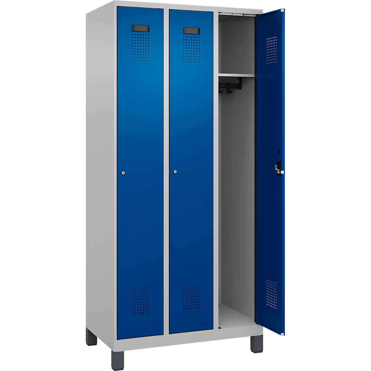 Vestiaire C+P Evolo Plus, 3 compartiments, charnières à droite, serrure à cylindre, L 900 x P 500 x H 1950 mm, aluminium blanc/bleu gentiane