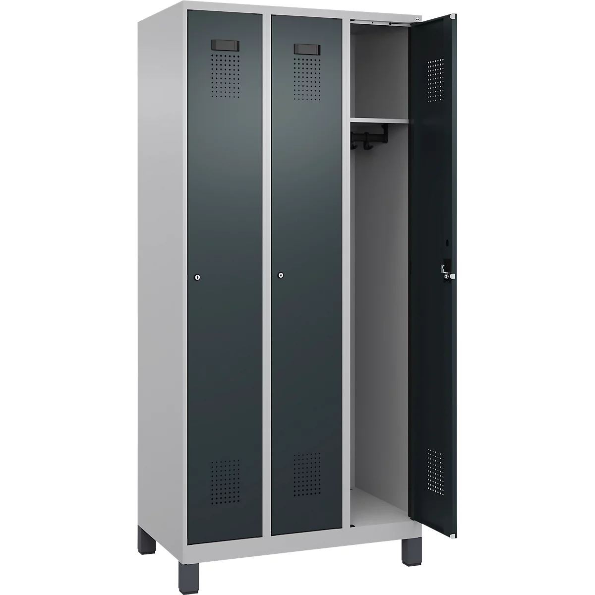 Vestiaire C+P Evolo Plus, 3 compartiments, charnières à droite, serrure à cylindre, L 900 x P 500 x H 1950 mm, aluminium blanc/gris anthracite