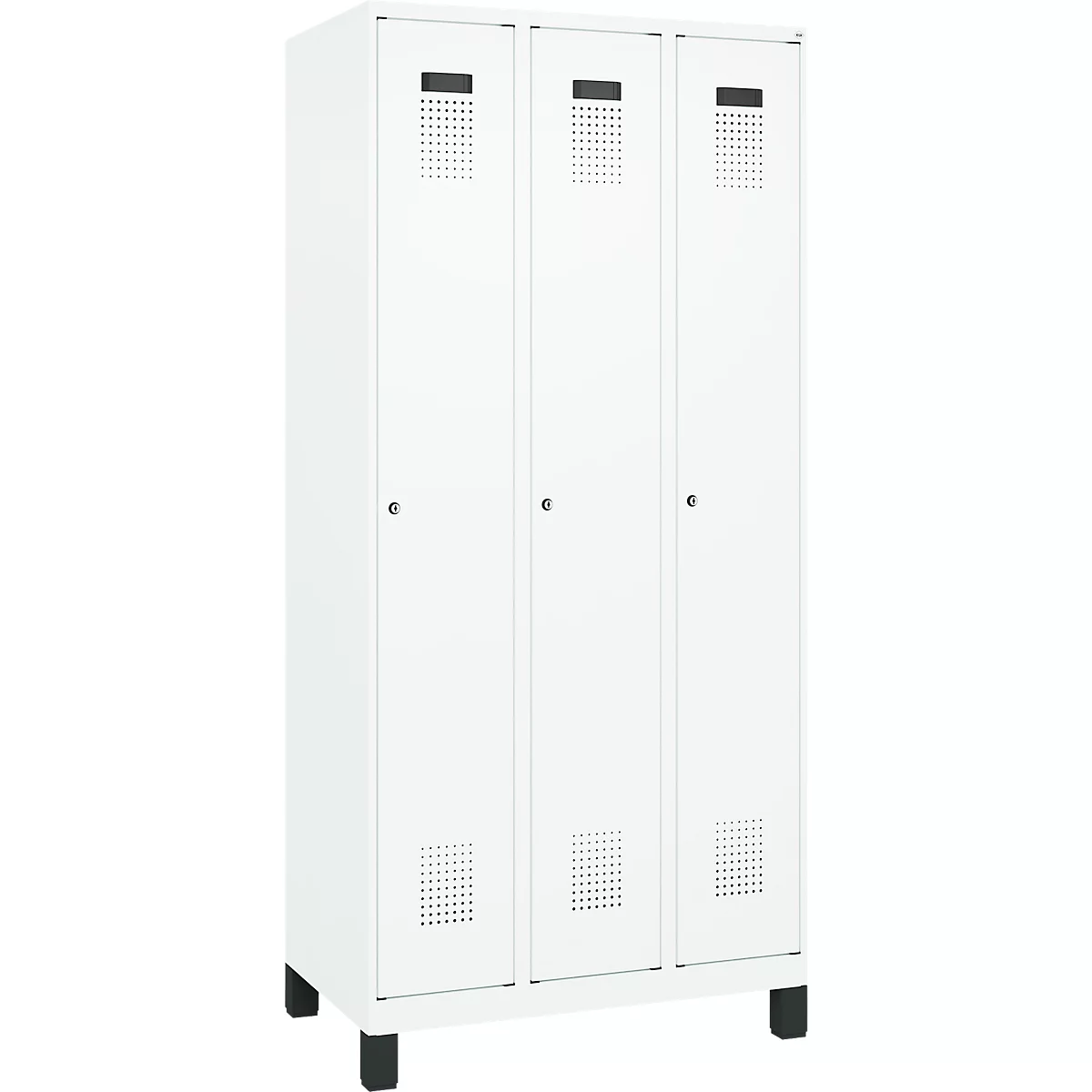 Vestiaire C+P Evolo Plus, 3 compartiments, charnières à droite, serrure à cylindre, L 900 x P 500 x H 1950 mm, blanc signalisation/blanc trafic