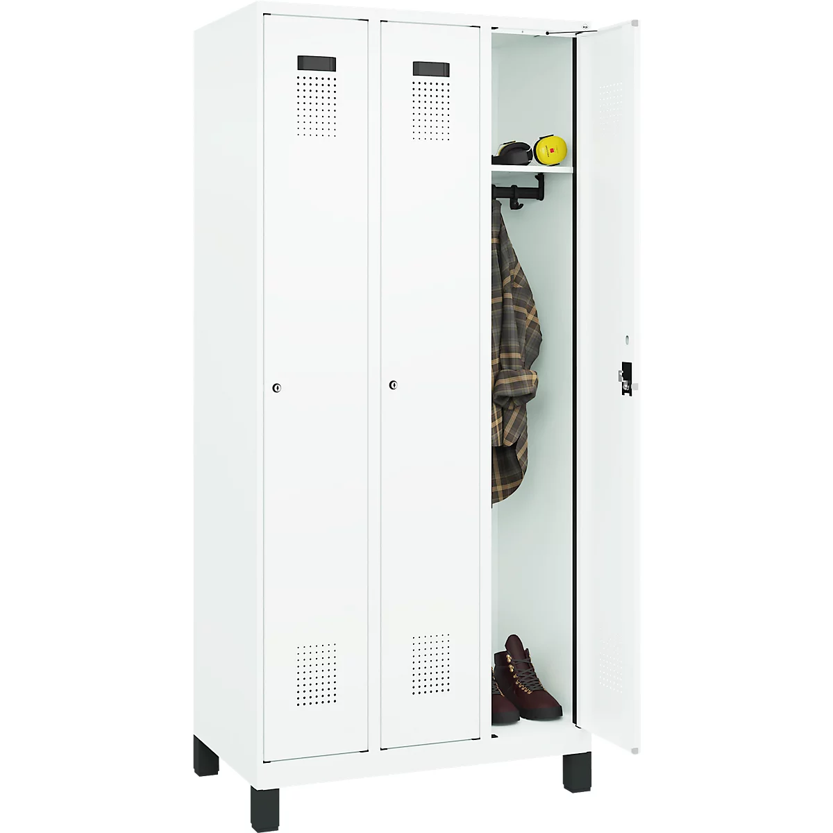 Vestiaire C+P Evolo Plus, 3 compartiments, charnières à droite, serrure à cylindre, L 900 x P 500 x H 1950 mm, blanc signalisation/blanc trafic