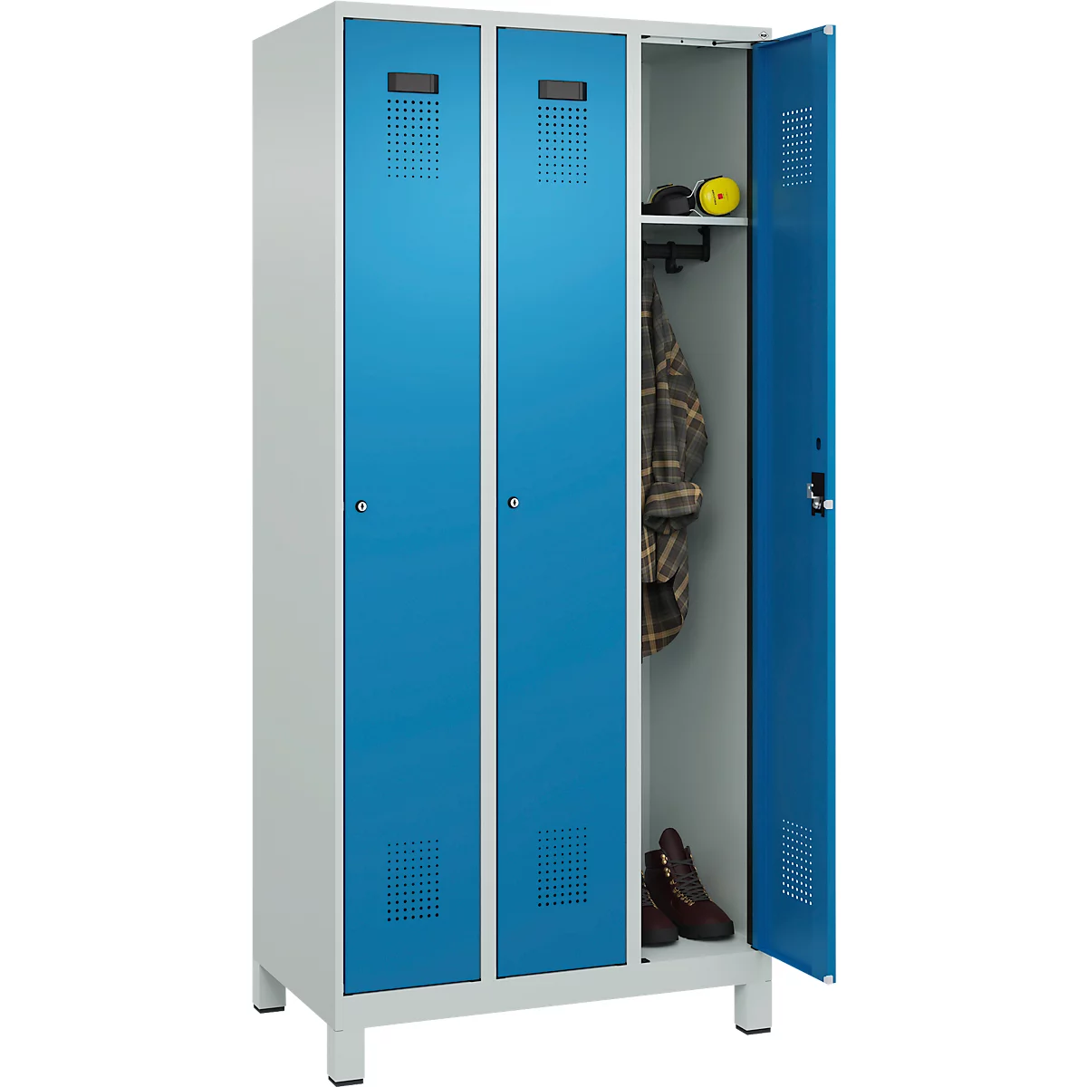 Vestiaire C+P Evolo Plus, 3 compartiments, charnières à droite, serrure à cylindre, L 900 x P 500 x H 1950 mm, gris clair/bleu clair