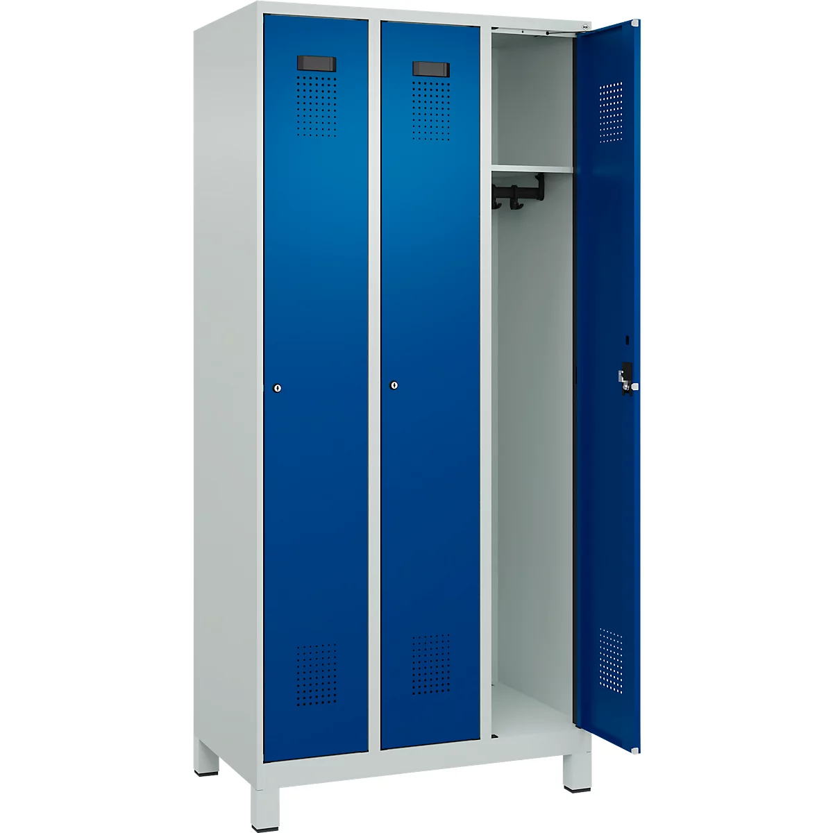 Vestiaire C+P Evolo Plus, 3 compartiments, charnières à droite, serrure à cylindre, L 900 x P 500 x H 1950 mm, gris clair/bleu gentiane