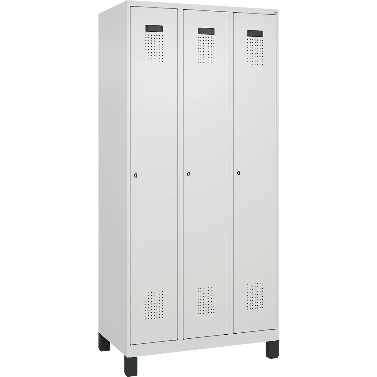 Vestiaire C+P Evolo Plus, 3 compartiments, charnières à droite, serrure à cylindre, L 900 x P 500 x H 1950 mm, gris clair/gris clair