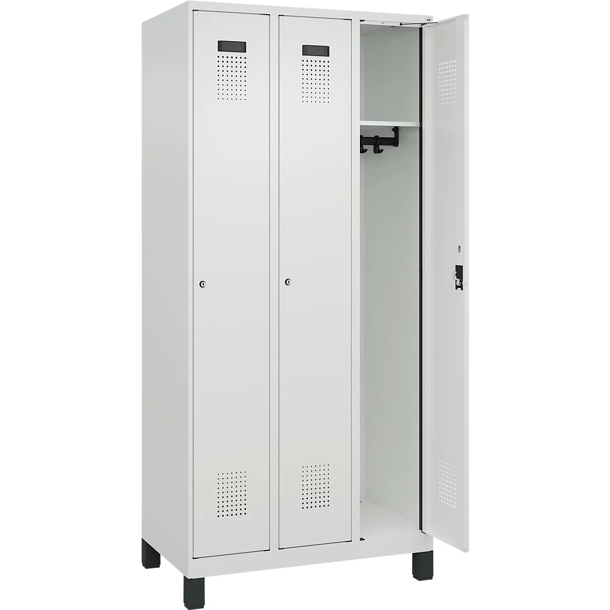 Vestiaire C+P Evolo Plus, 3 compartiments, charnières à droite, serrure à cylindre, L 900 x P 500 x H 1950 mm, gris clair/gris clair