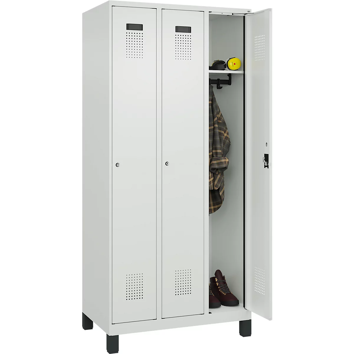 Vestiaire C+P Evolo Plus, 3 compartiments, charnières à droite, serrure à cylindre, L 900 x P 500 x H 1950 mm, gris clair/gris clair