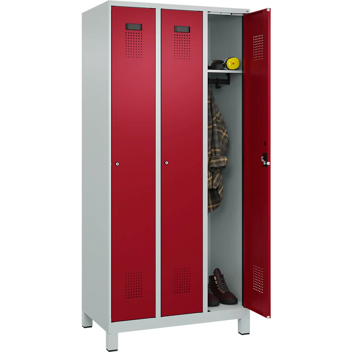 Vestiaire C+P Evolo Plus, 3 compartiments, charnières à droite, serrure à cylindre, L 900 x P 500 x H 1950 mm, gris clair/rouge rubis