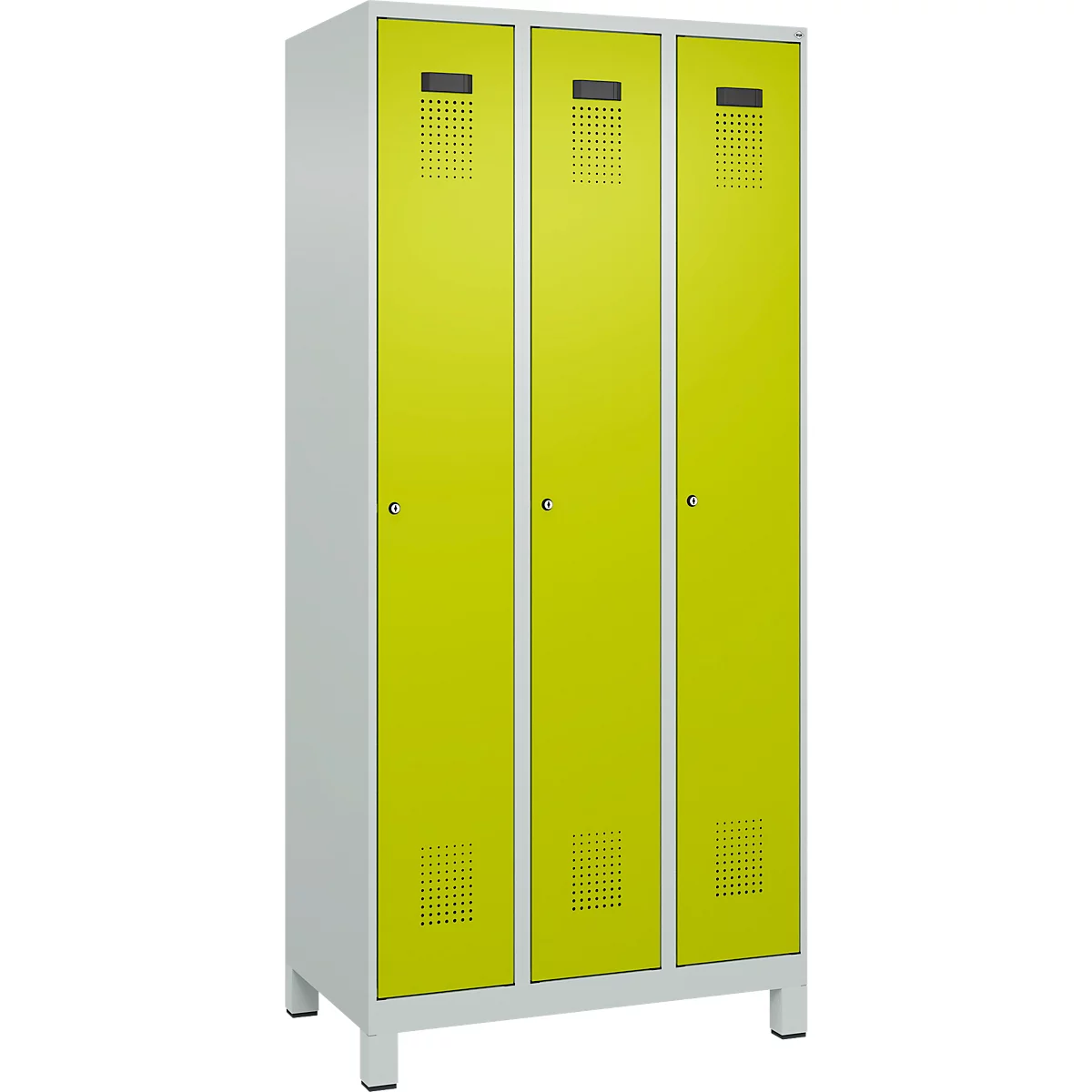 Vestiaire C+P Evolo Plus, 3 compartiments, charnières à droite, serrure à cylindre, L 900 x P 500 x H 1950 mm, gris clair/vert clown