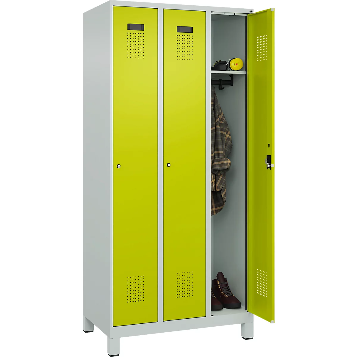 Vestiaire C+P Evolo Plus, 3 compartiments, charnières à droite, serrure à cylindre, L 900 x P 500 x H 1950 mm, gris clair/vert clown