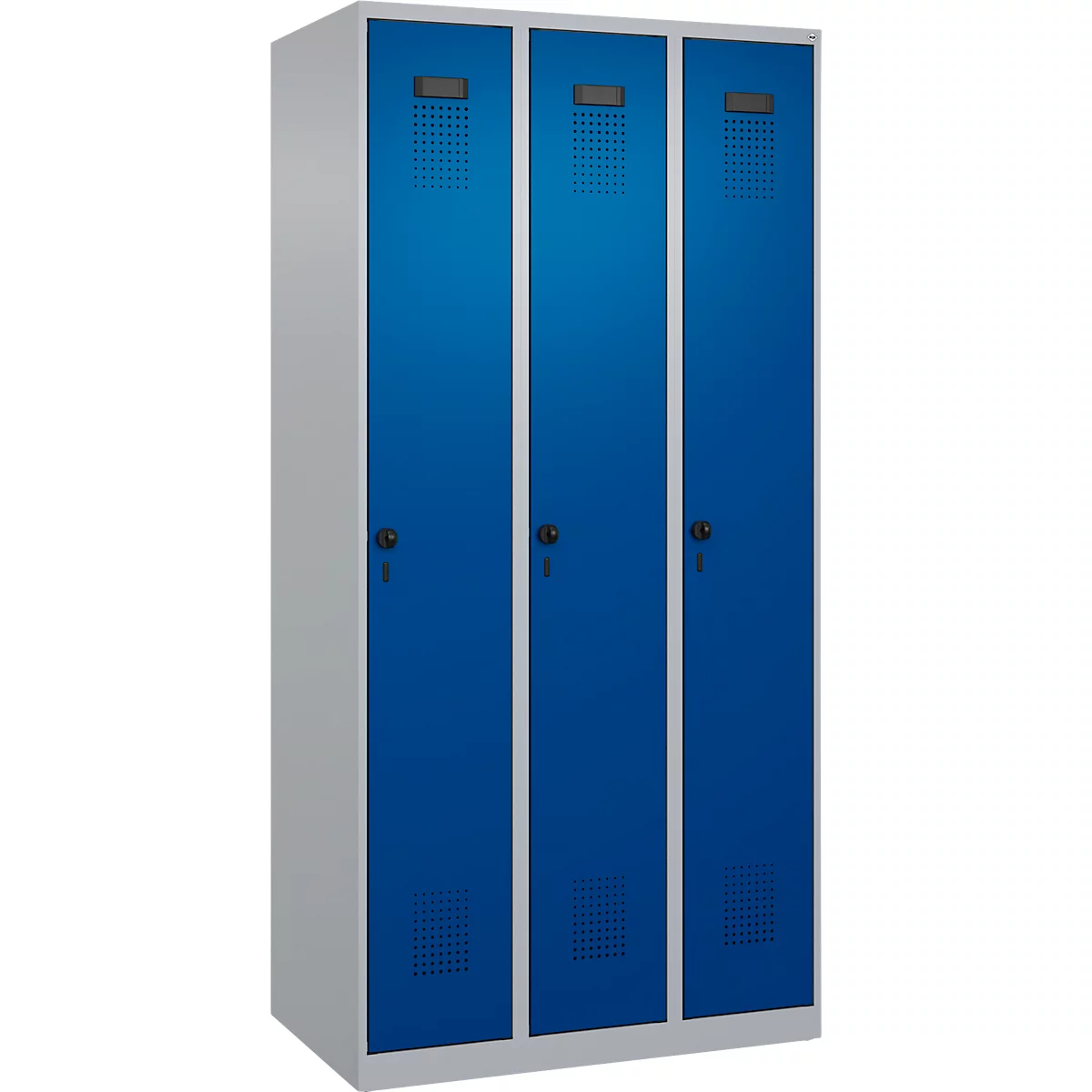 Vestiaire C+P Evolo Plus, 3 compartiments, charnières à droite, verrou rotatif de sécurité, L 900 x P 500 x H 1850 mm, aluminium blanc/bleu gentiane