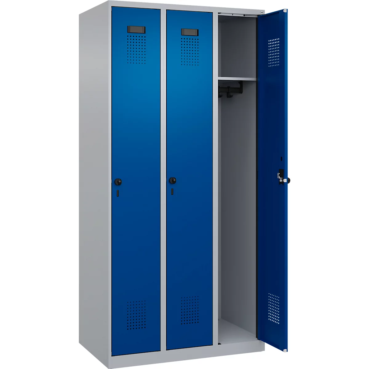 Vestiaire C+P Evolo Plus, 3 compartiments, charnières à droite, verrou rotatif de sécurité, L 900 x P 500 x H 1850 mm, aluminium blanc/bleu gentiane