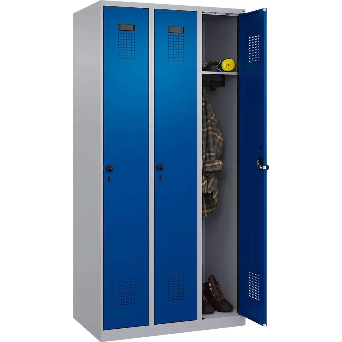Vestiaire C+P Evolo Plus, 3 compartiments, charnières à droite, verrou rotatif de sécurité, L 900 x P 500 x H 1850 mm, aluminium blanc/bleu gentiane