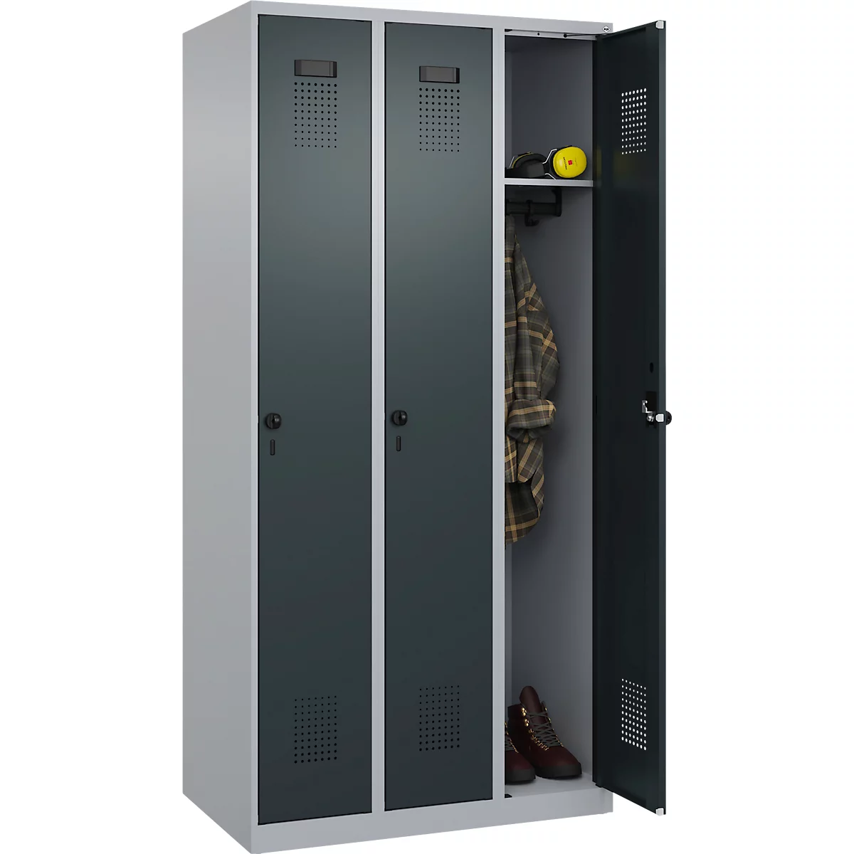 Vestiaire C+P Evolo Plus, 3 compartiments, charnières à droite, verrou rotatif de sécurité, L 900 x P 500 x H 1850 mm, aluminium blanc/gris anthracite