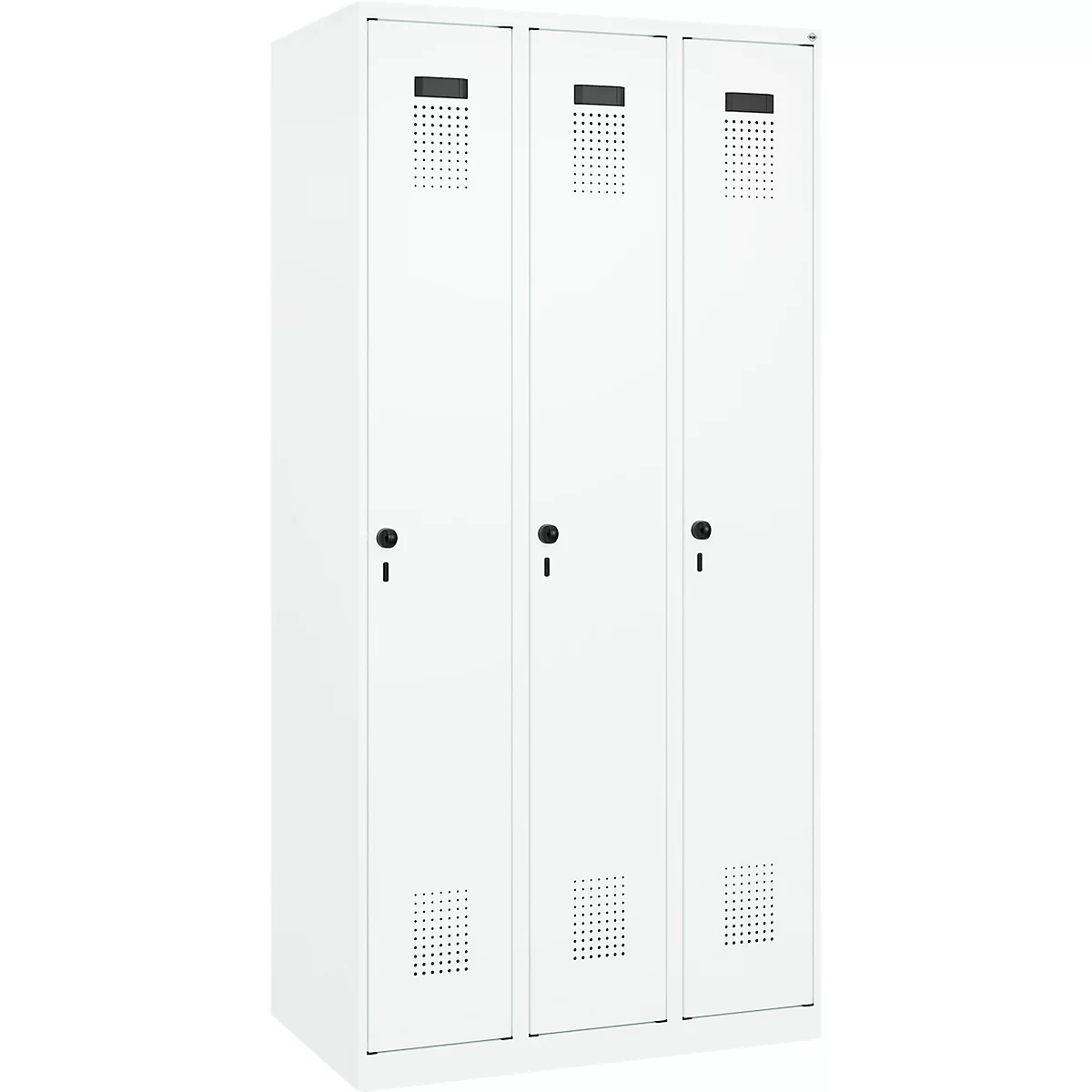 Vestiaire C+P Evolo Plus, 3 compartiments, charnières à droite, verrou rotatif de sécurité, L 900 x P 500 x H 1850 mm, blanc signalisation/blanc trafic
