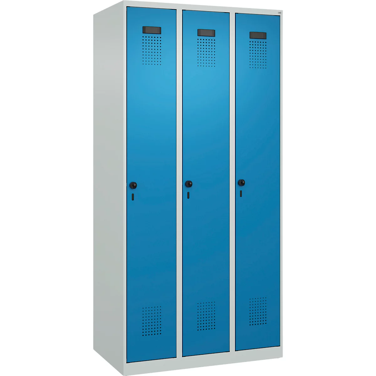 Vestiaire C+P Evolo Plus, 3 compartiments, charnières à droite, verrou rotatif de sécurité, L 900 x P 500 x H 1850 mm, gris clair/bleu clair