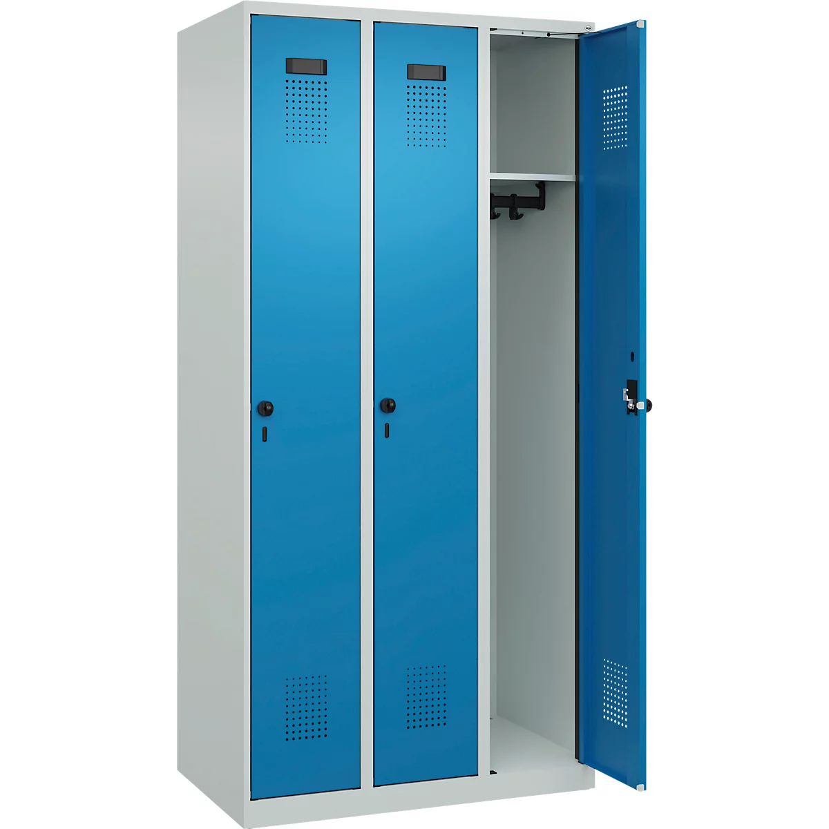 Vestiaire C+P Evolo Plus, 3 compartiments, charnières à droite, verrou rotatif de sécurité, L 900 x P 500 x H 1850 mm, gris clair/bleu clair