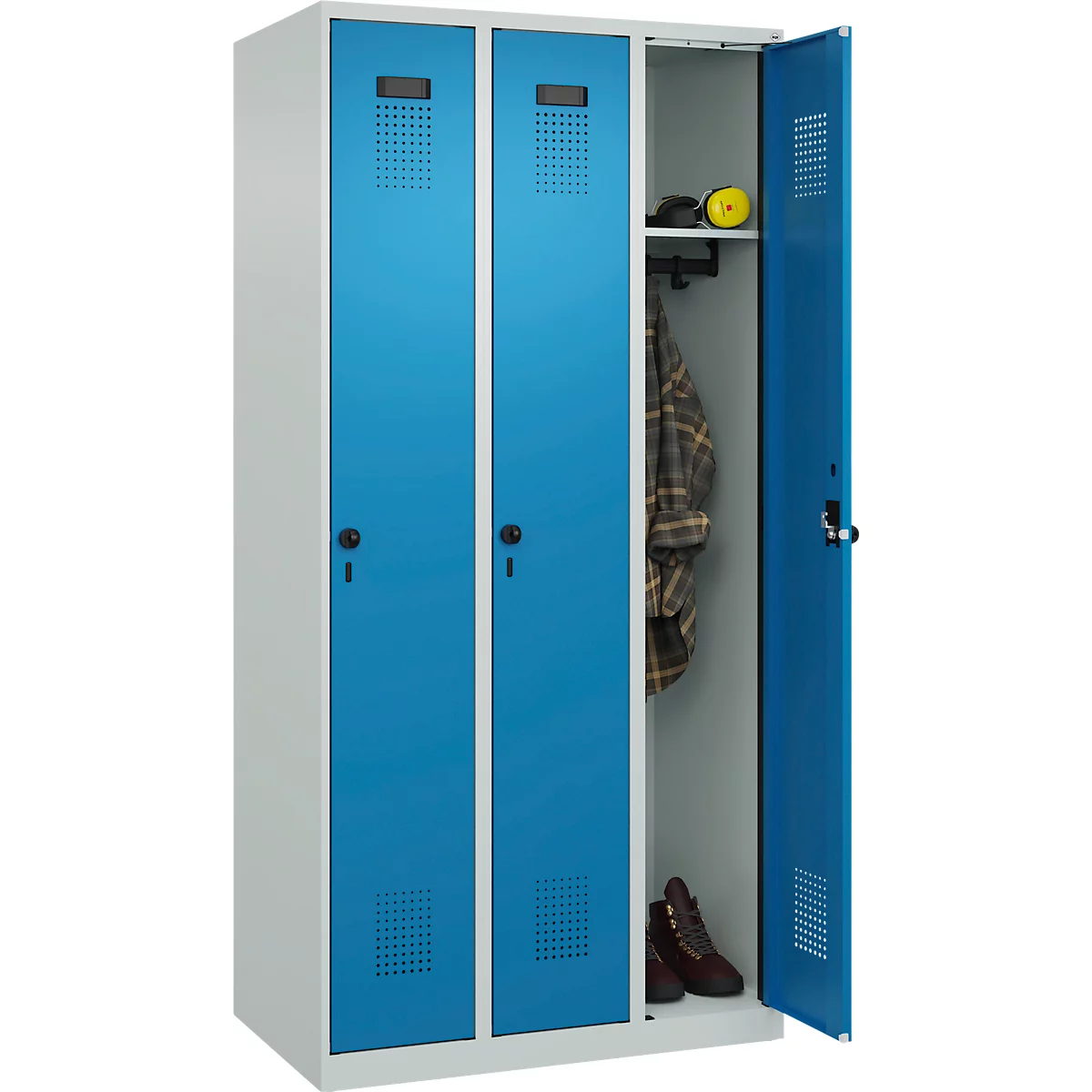 Vestiaire C+P Evolo Plus, 3 compartiments, charnières à droite, verrou rotatif de sécurité, L 900 x P 500 x H 1850 mm, gris clair/bleu clair