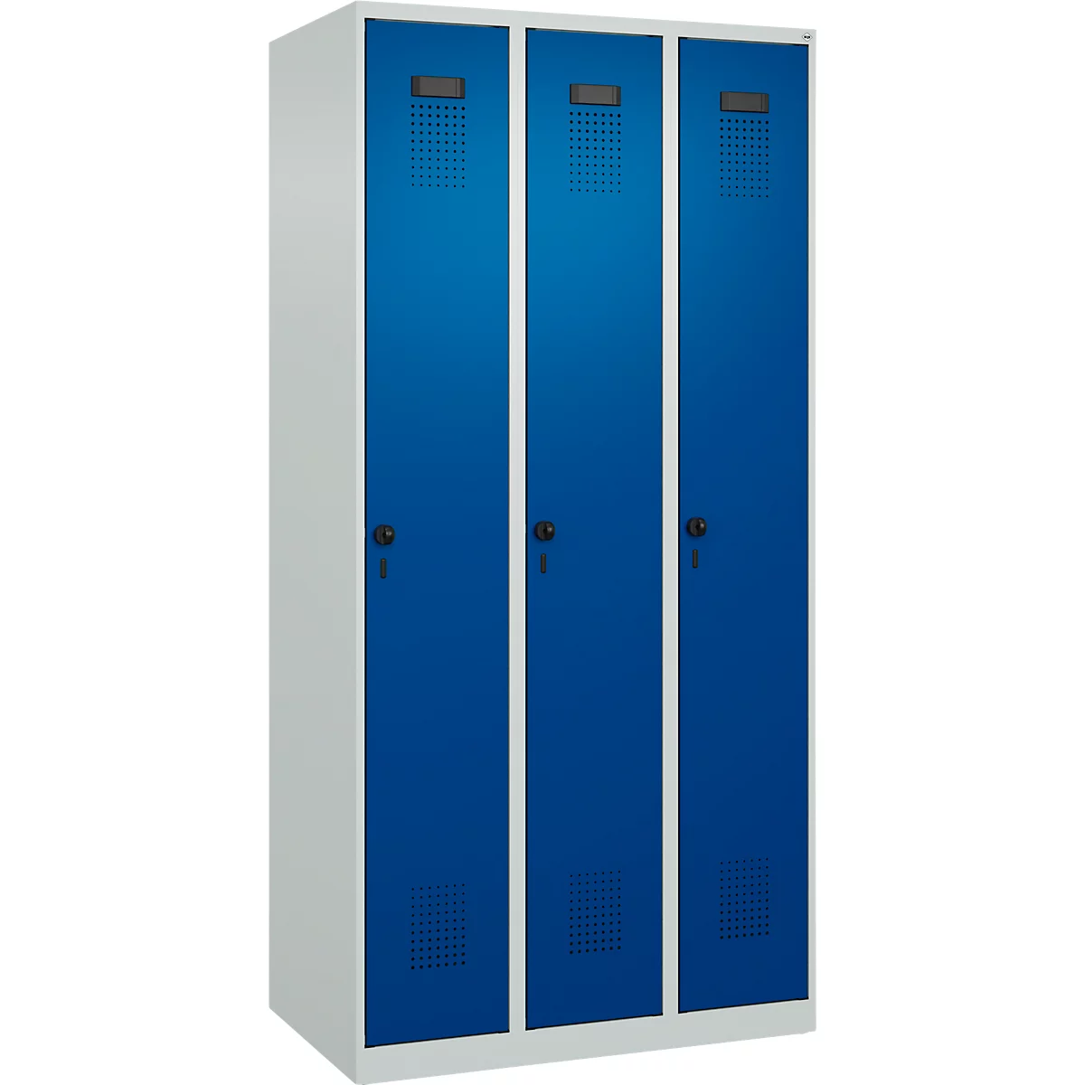 Vestiaire C+P Evolo Plus, 3 compartiments, charnières à droite, verrou rotatif de sécurité, L 900 x P 500 x H 1850 mm, gris clair/bleu gentiane