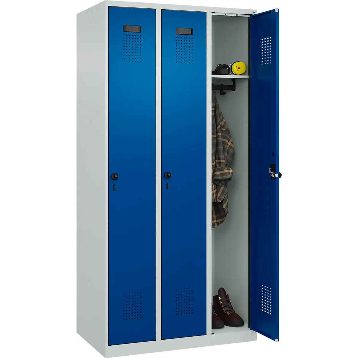 Vestiaire C+P Evolo Plus, 3 compartiments, charnières à droite, verrou rotatif de sécurité, L 900 x P 500 x H 1850 mm, gris clair/bleu gentiane