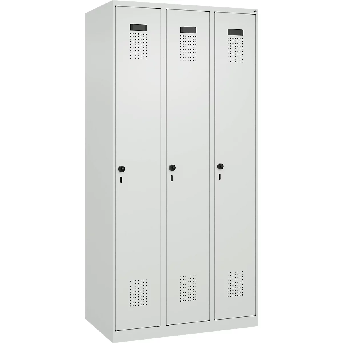 Vestiaire C+P Evolo Plus, 3 compartiments, charnières à droite, verrou rotatif de sécurité, L 900 x P 500 x H 1850 mm, gris clair/gris clair