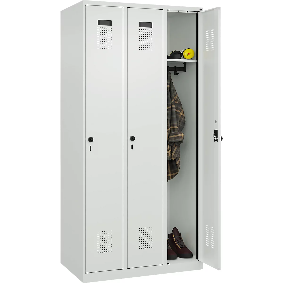 Vestiaire C+P Evolo Plus, 3 compartiments, charnières à droite, verrou rotatif de sécurité, L 900 x P 500 x H 1850 mm, gris clair/gris clair
