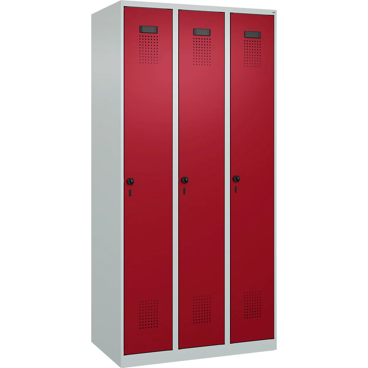 Vestiaire C+P Evolo Plus, 3 compartiments, charnières à droite, verrou rotatif de sécurité, L 900 x P 500 x H 1850 mm, gris clair/rouge rubis