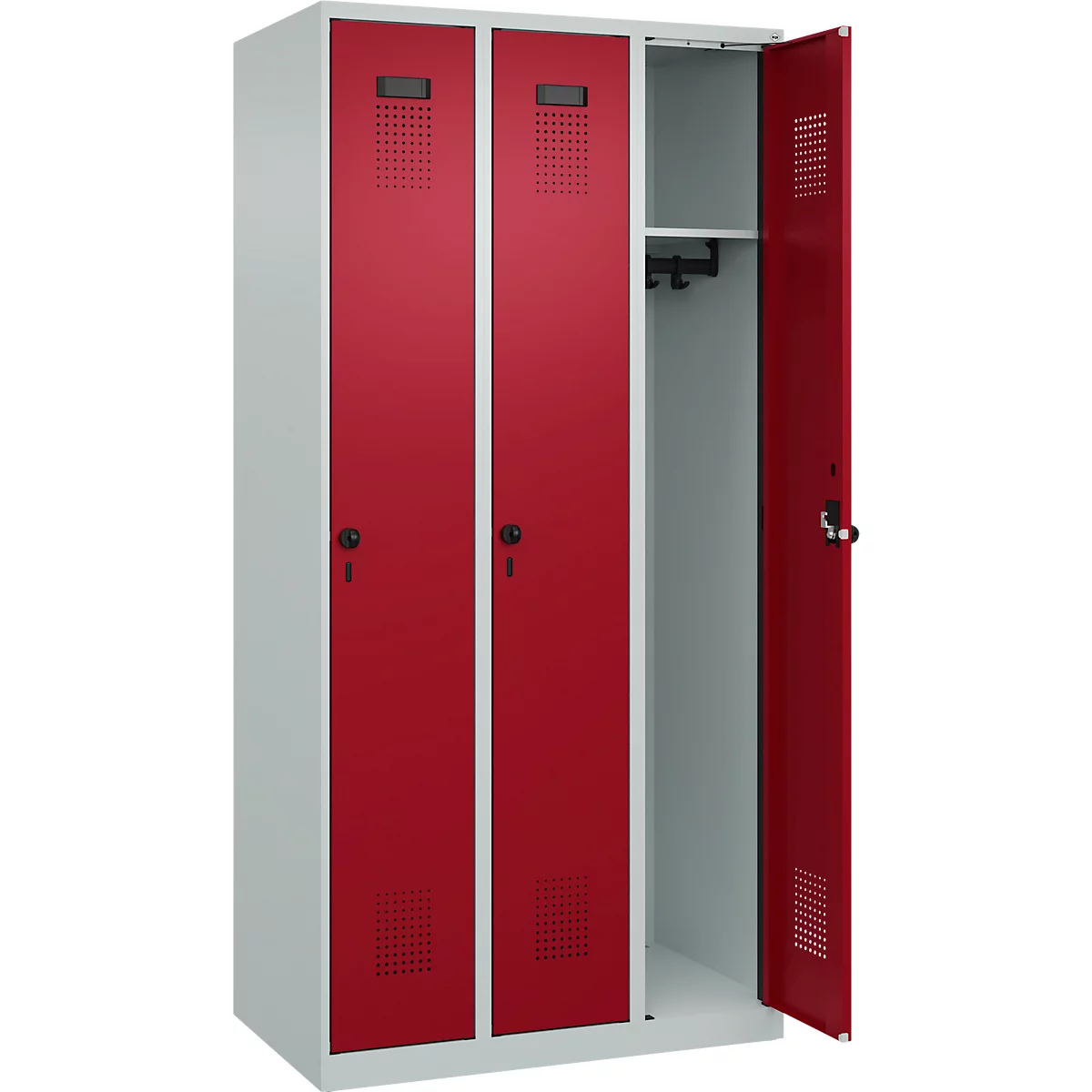 Vestiaire C+P Evolo Plus, 3 compartiments, charnières à droite, verrou rotatif de sécurité, L 900 x P 500 x H 1850 mm, gris clair/rouge rubis