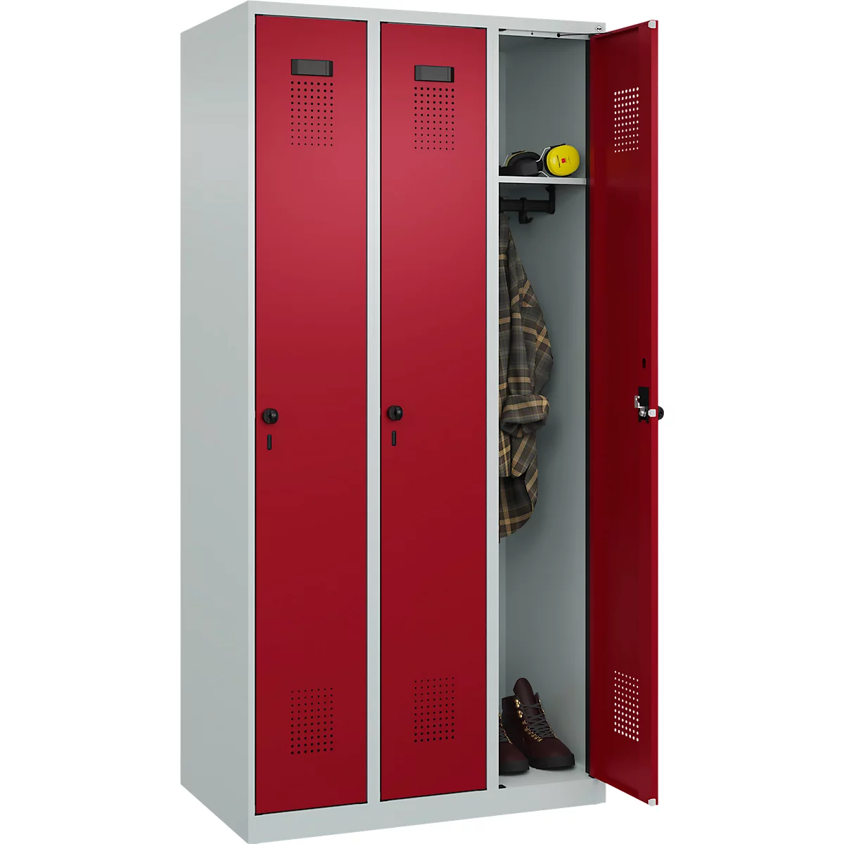 Vestiaire C+P Evolo Plus, 3 compartiments, charnières à droite, verrou rotatif de sécurité, L 900 x P 500 x H 1850 mm, gris clair/rouge rubis