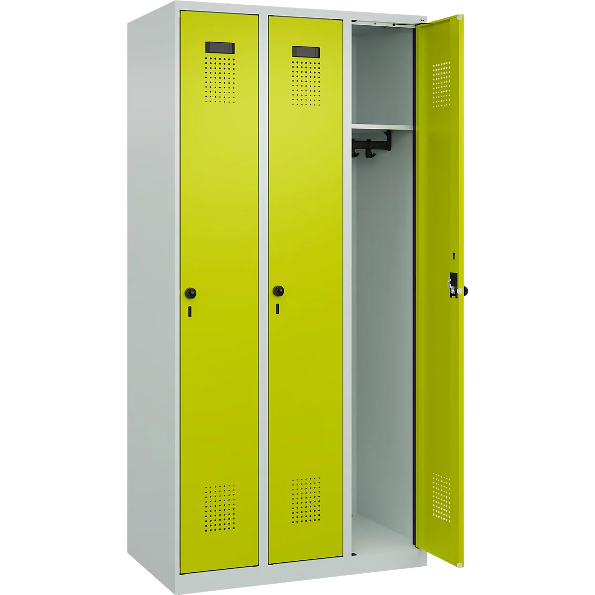 Vestiaire C+P Evolo Plus, 3 compartiments, charnières à droite, verrou rotatif de sécurité, L 900 x P 500 x H 1850 mm, gris clair/vert clown