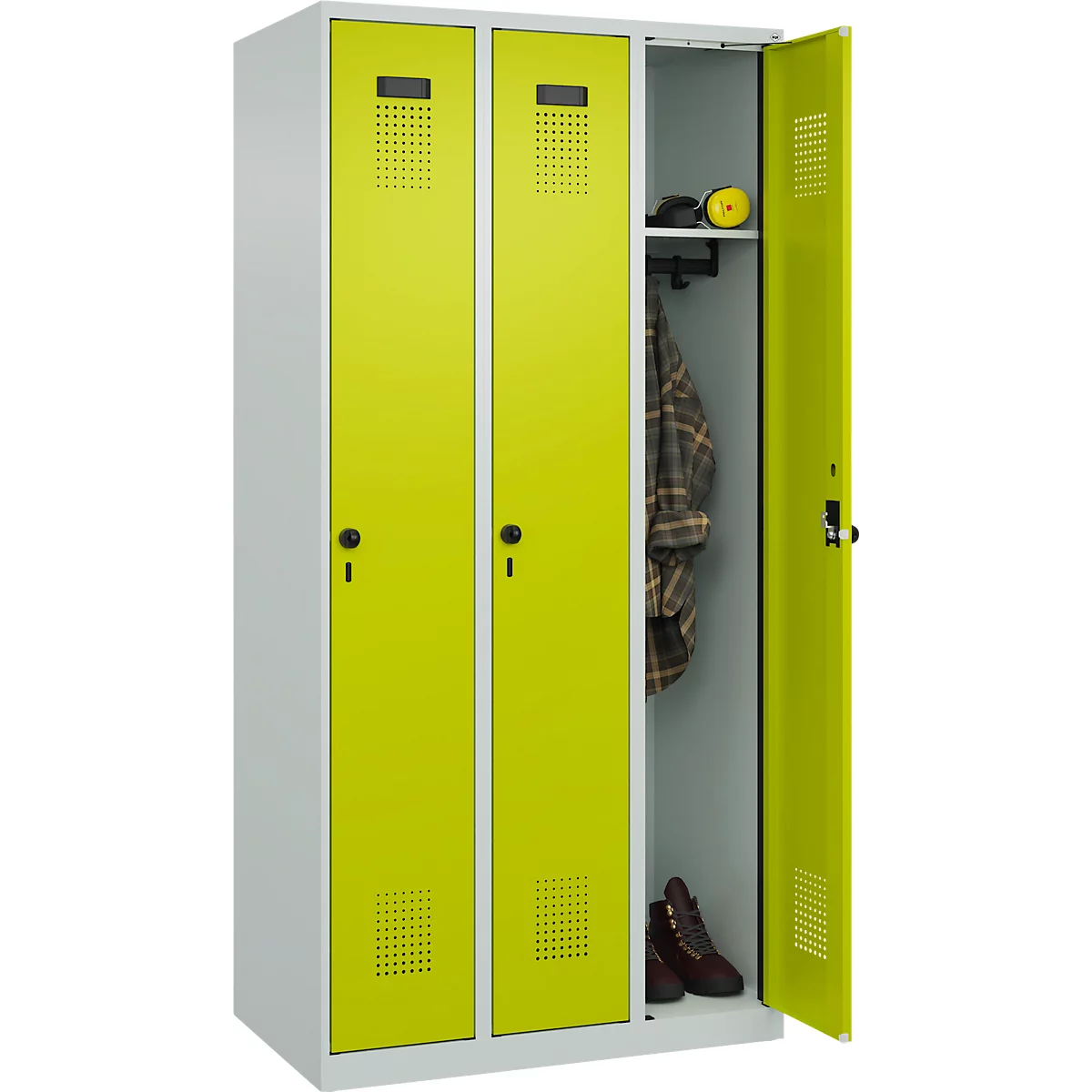Vestiaire C+P Evolo Plus, 3 compartiments, charnières à droite, verrou rotatif de sécurité, L 900 x P 500 x H 1850 mm, gris clair/vert clown