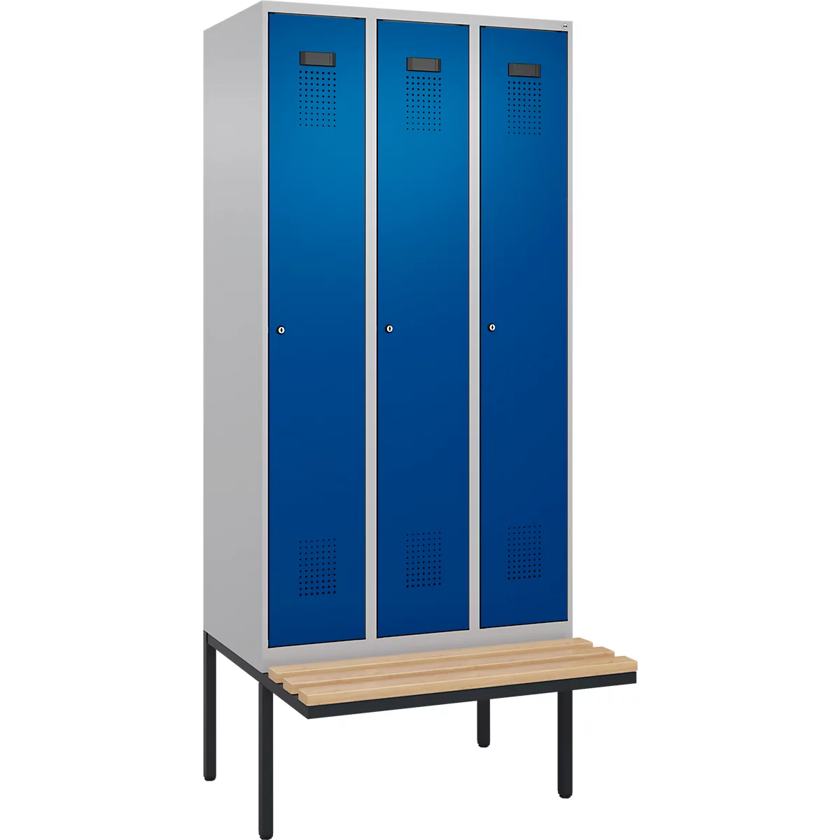 Vestiaire C+P Evolo Plus, 3 compartiments de 300 mm de large, banquette flottante, L 900 x P 815 x H 2120 mm, cylindre, aluminium blanc/bleu gentiane