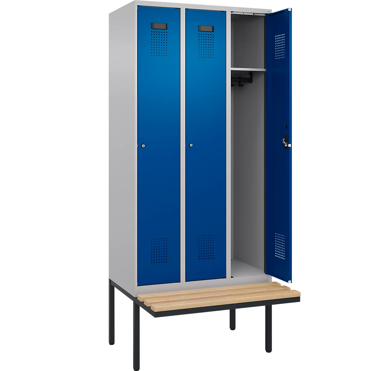 Vestiaire C+P Evolo Plus, 3 compartiments de 300 mm de large, banquette flottante, L 900 x P 815 x H 2120 mm, cylindre, aluminium blanc/bleu gentiane