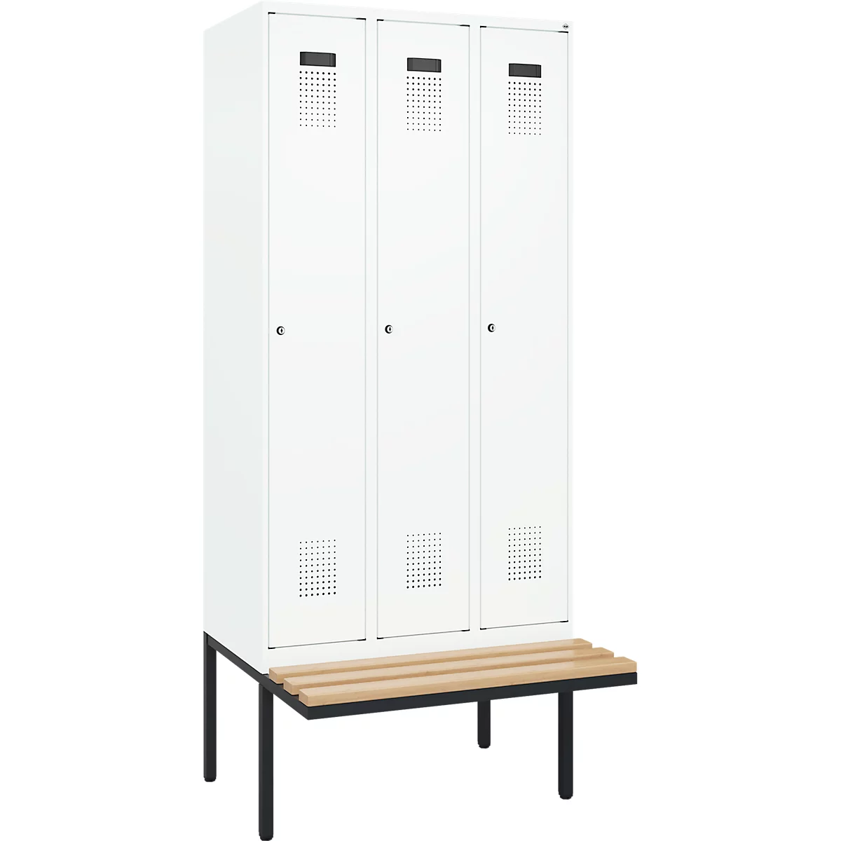 Vestiaire C+P Evolo Plus, 3 compartiments de 300 mm de large, banquette flottante, L 900 x P 815 x H 2120 mm, cylindre, blanc signalisation/blanc trafic
