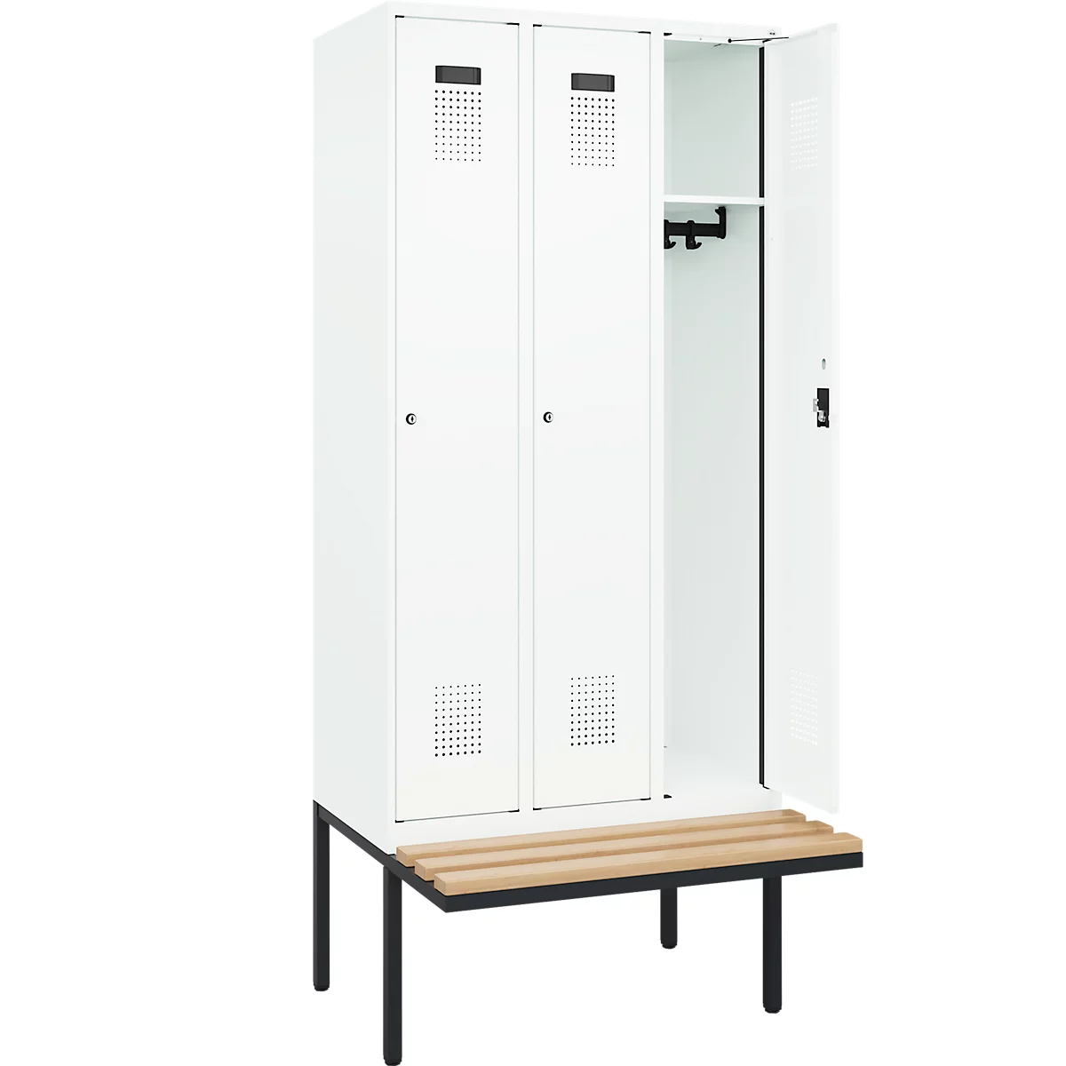Vestiaire C+P Evolo Plus, 3 compartiments de 300 mm de large, banquette flottante, L 900 x P 815 x H 2120 mm, cylindre, blanc signalisation/blanc trafic