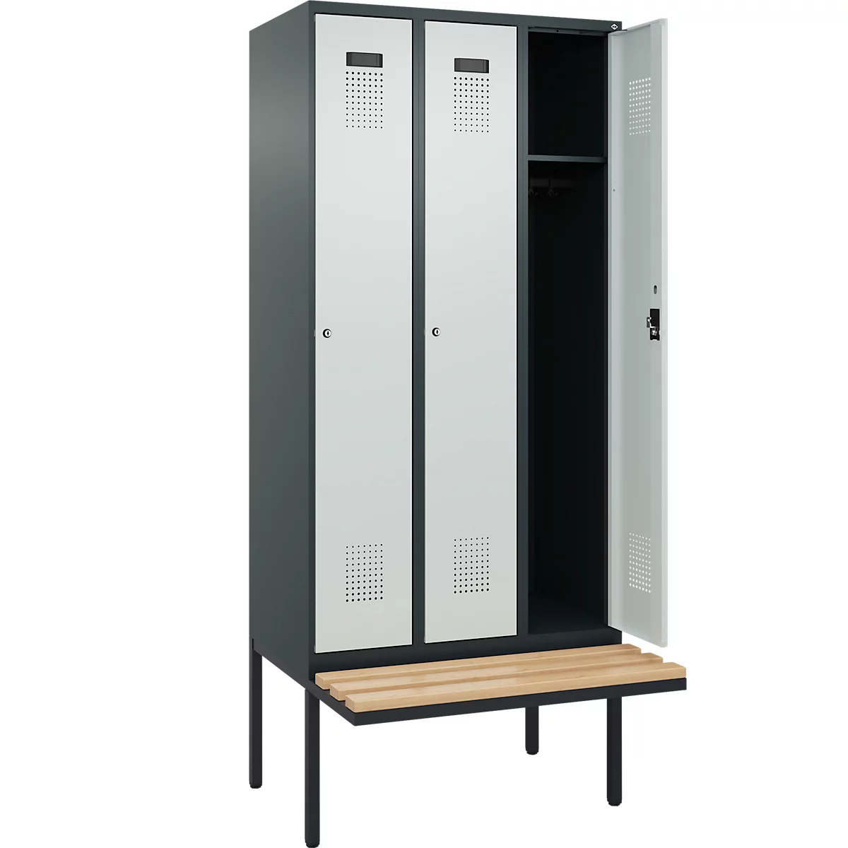 Vestiaire C+P Evolo Plus, 3 compartiments de 300 mm de large, banquette flottante, L 900 x P 815 x H 2120 mm, cylindre, gris anthracite/gris clair